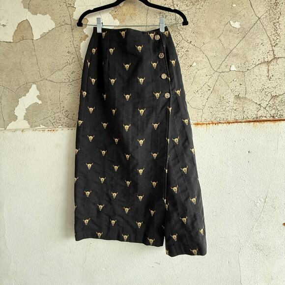 Vintage Dresses & Skirts - Vintage 90s Longhorn Embroidered Western Skirt Black Cotton A Line